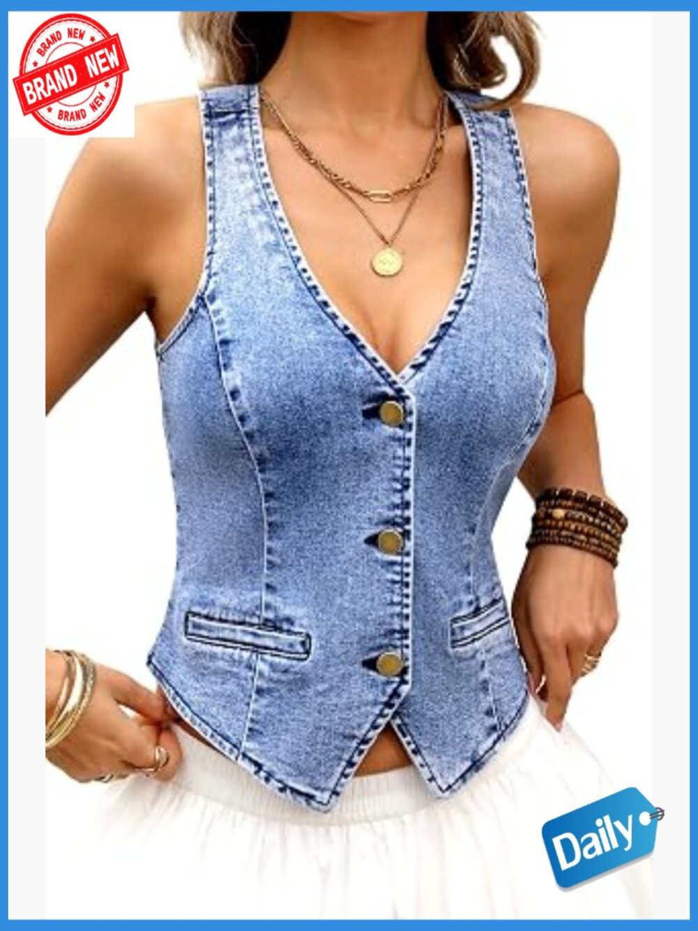Women's Cropped Denim Vest, Sleeveless V-Neck Western Style, Stretch Cotton